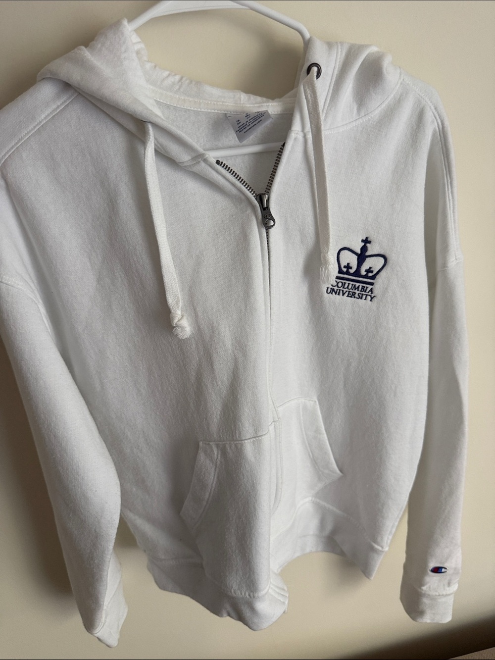 Champion White Full-Zip Hoodie with Navy Crest of Columbia University